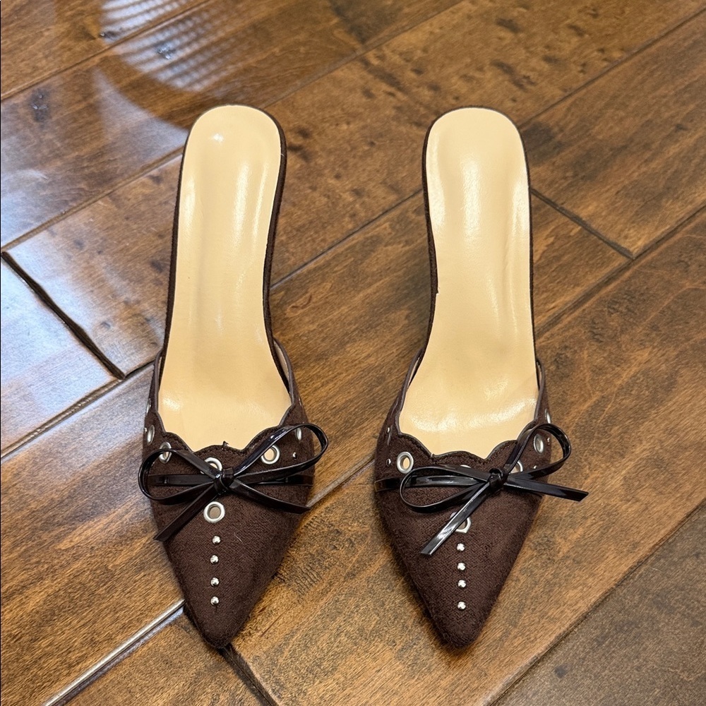 SHEIN Brown Pointed Heels with Bow Accent